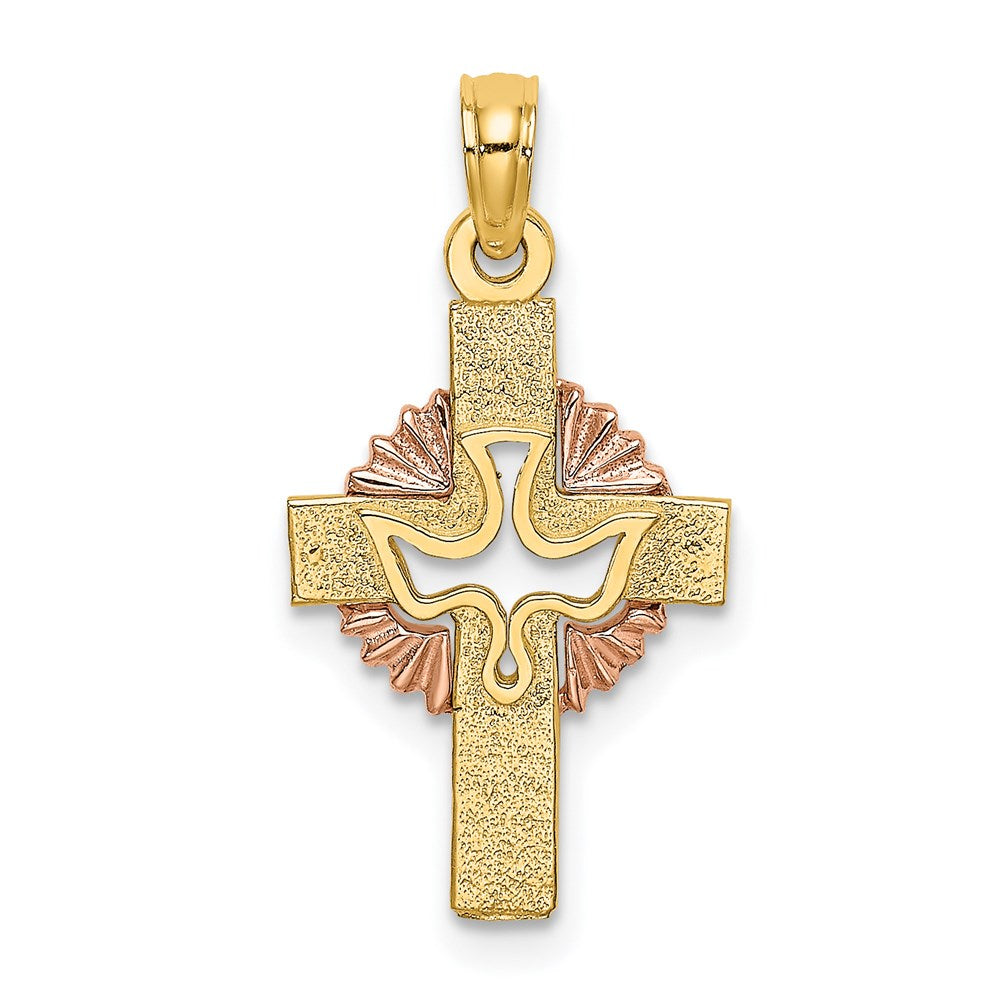 14k Two-tone 13 mm Two-Tone Cut-Out Dove On Cross Charm (1 grams)