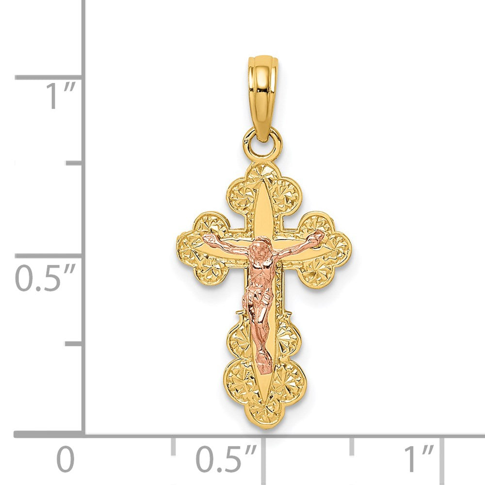 14k Two-tone 13 mm Two-Tone Crucifix W/ Scallop Trim Charm (1.18 grams)