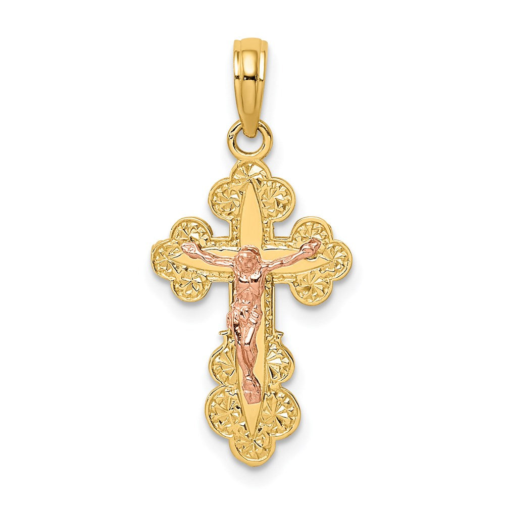 14k Two-tone 13 mm Two-Tone Crucifix W/ Scallop Trim Charm (1.18 grams)