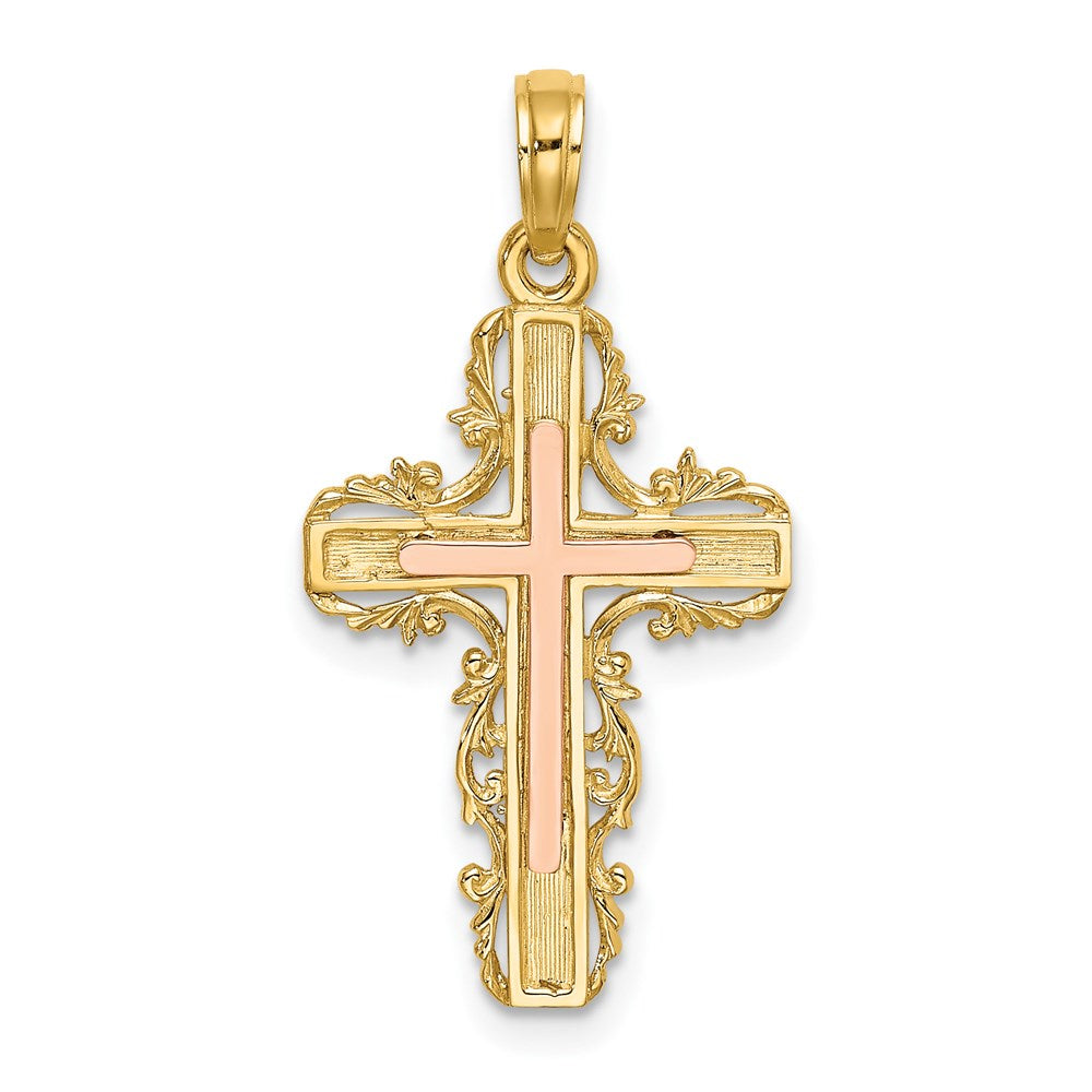 14k Two-tone 15 mm Two-Tone w/ Lace Trim Cross Charm (1.39 grams)