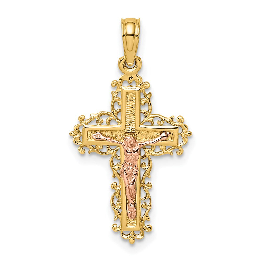 14k Two-tone 15 mm Two-Tone Crucifix W/ Lace Trim Charm (1.22 grams)