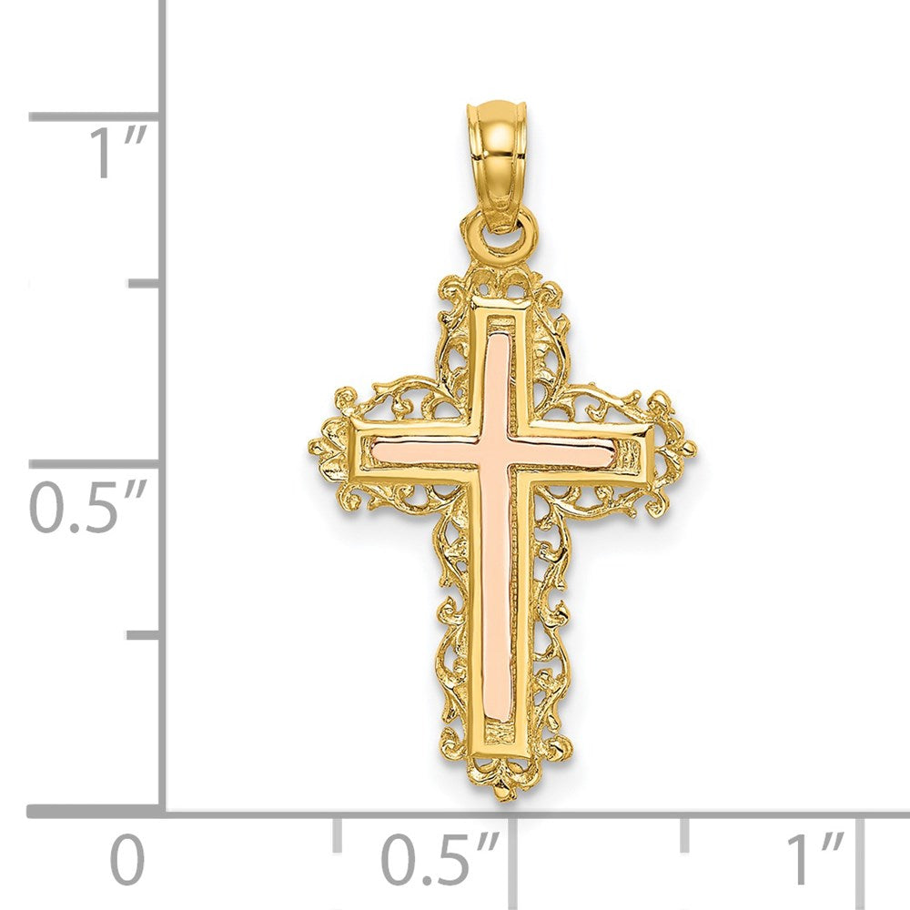 14k Two-tone 15 mm Two-Tone Cross w/ Lace Trim Charm (1.34 grams)