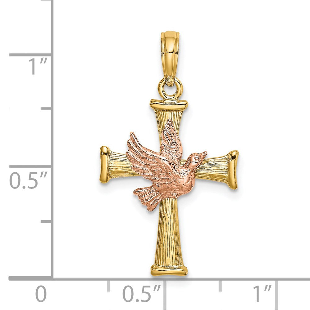 14k Two-tone 18 mm Textured Finish Cross w/ Dove Charm (1.53 grams)