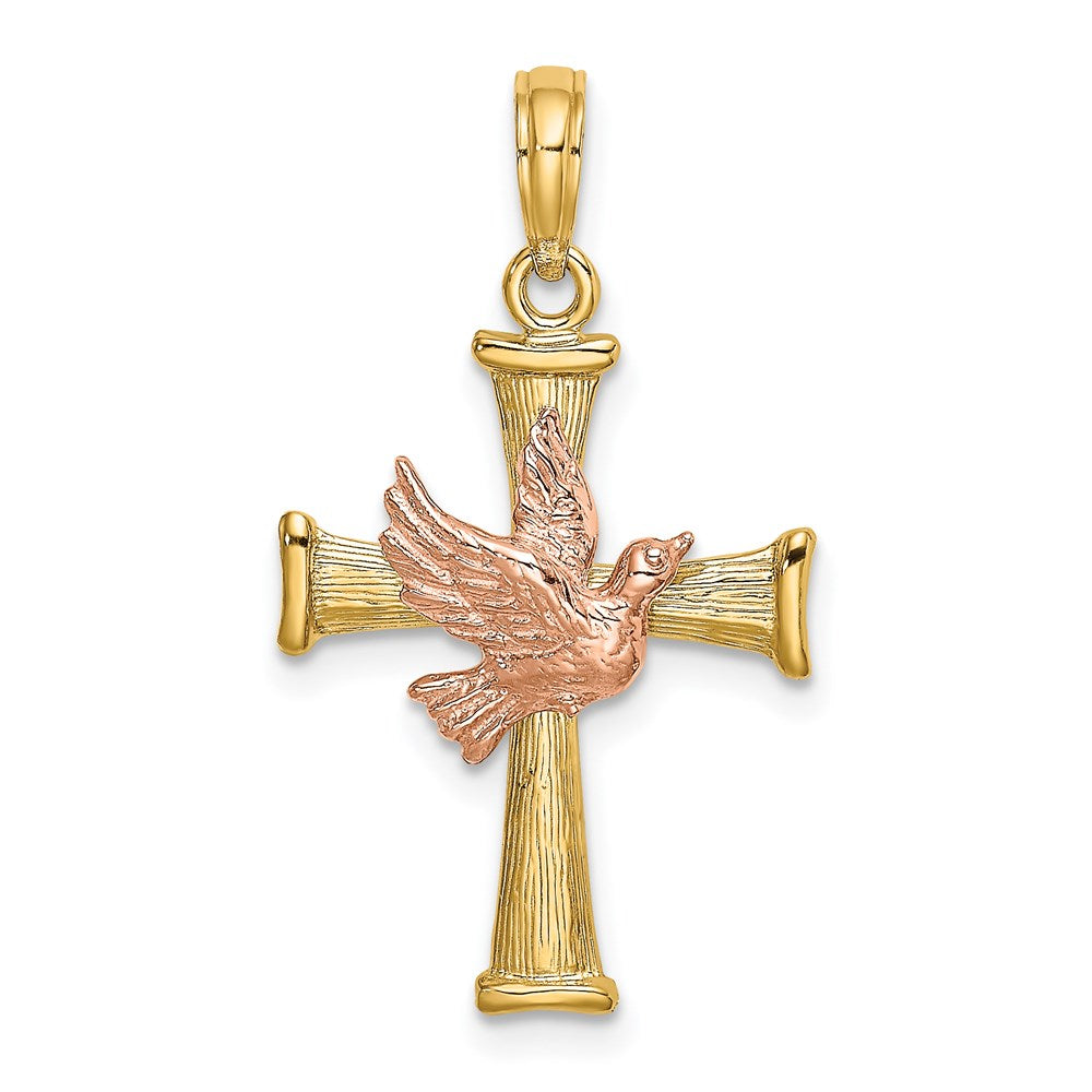 14k Two-tone 18 mm Textured Finish Cross w/ Dove Charm (1.53 grams)