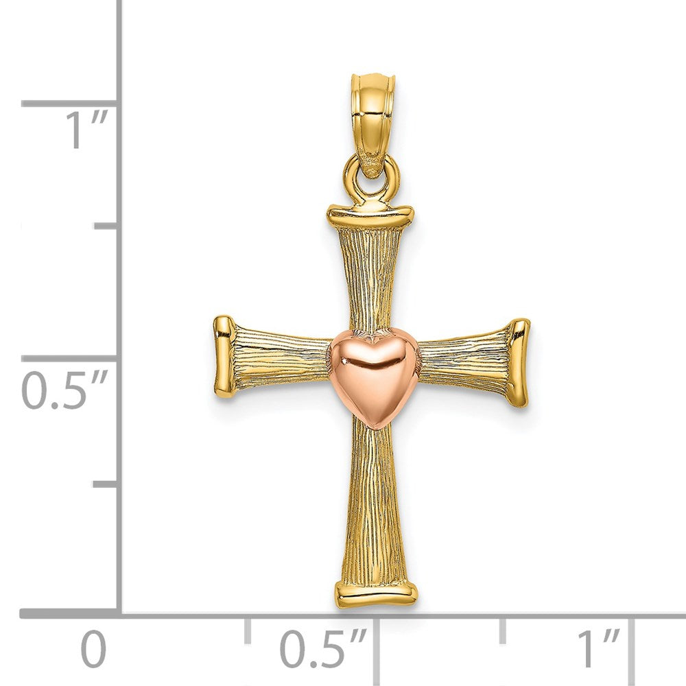 14k Two-tone 17 mm Two-Tone Textured Finish Cross w/ Heart Charm (1.29 grams)