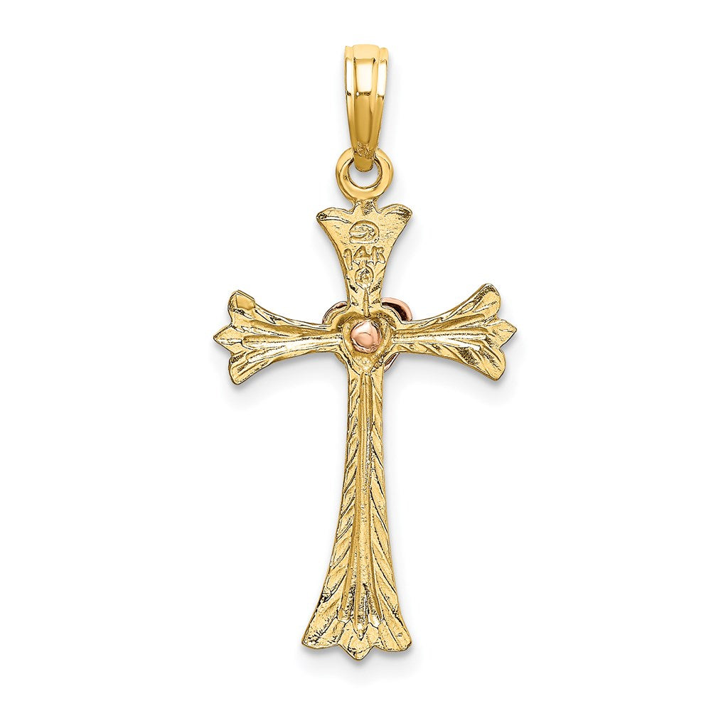 14k Two-tone 15 mm Two-Tone Textured Cross w/ Heart Charm (1.04 grams)