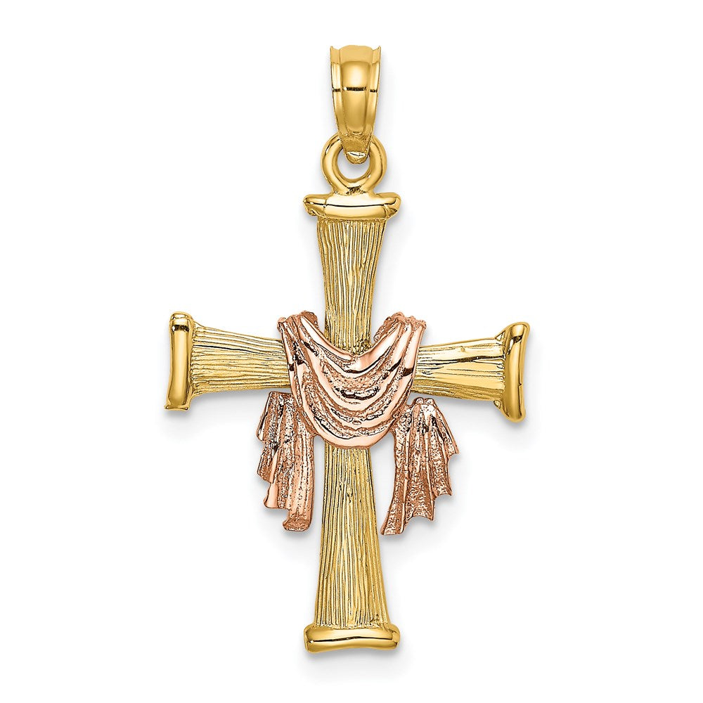 14k Two-tone 15.5 mm 14l Two-Tone Textured Finish Cross w/ Drape Charm (1.39 grams)
