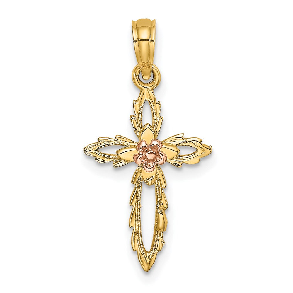 14k Two-tone 11 mm Two-Tone Cross w/ Cut-Out Flower Charm (0.55 grams)