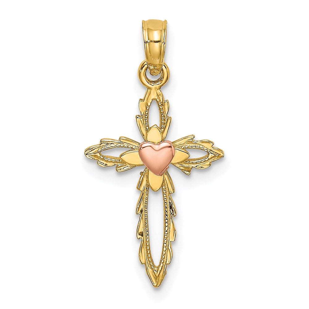 14k Two-tone 13 mm Two-Tone Cross w/ Heart Charm (0.68 grams)