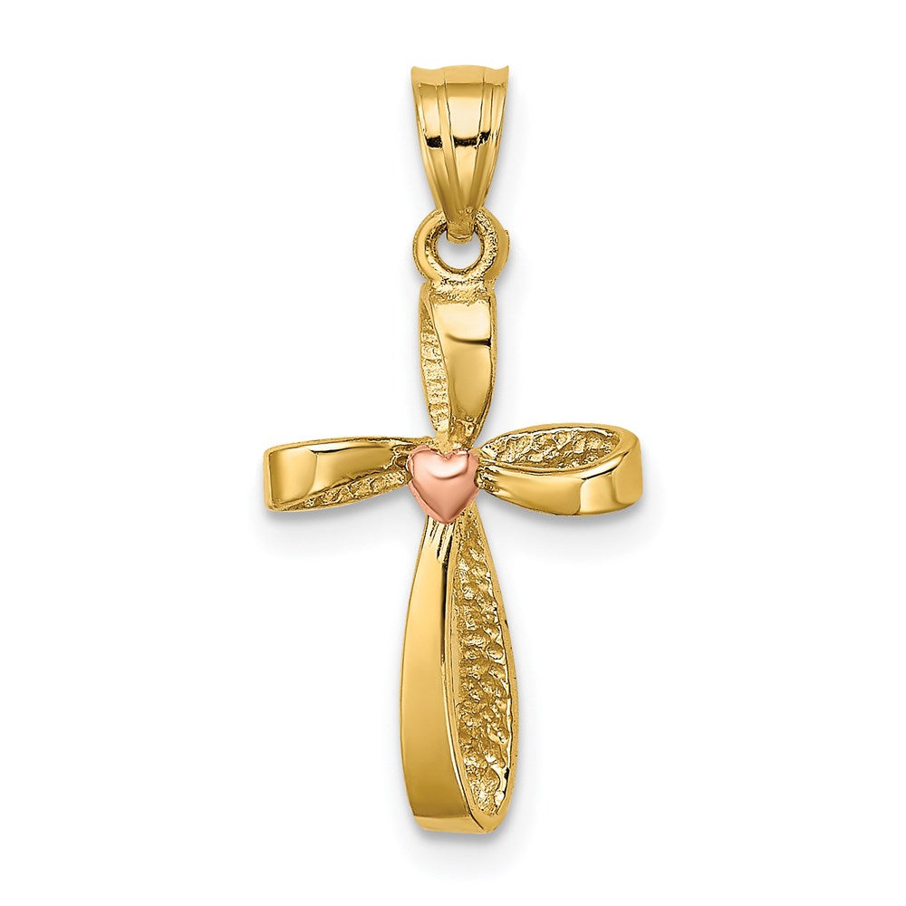 14k Two-tone 12 mm Two-Tone Twisted Cross w/ Heart Charm (1.03 grams)