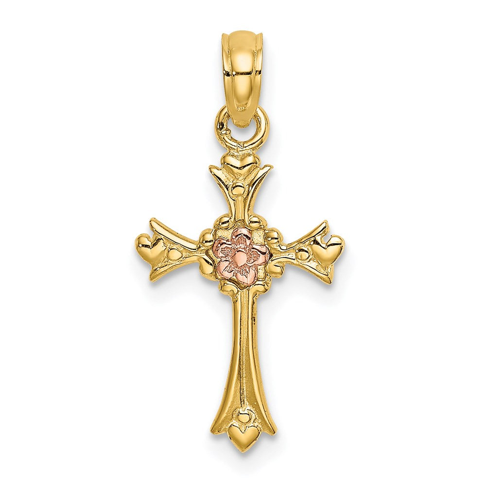 14k Two-tone 12 mm Two-Tone Cross w/ Flower Charm (0.75 grams)
