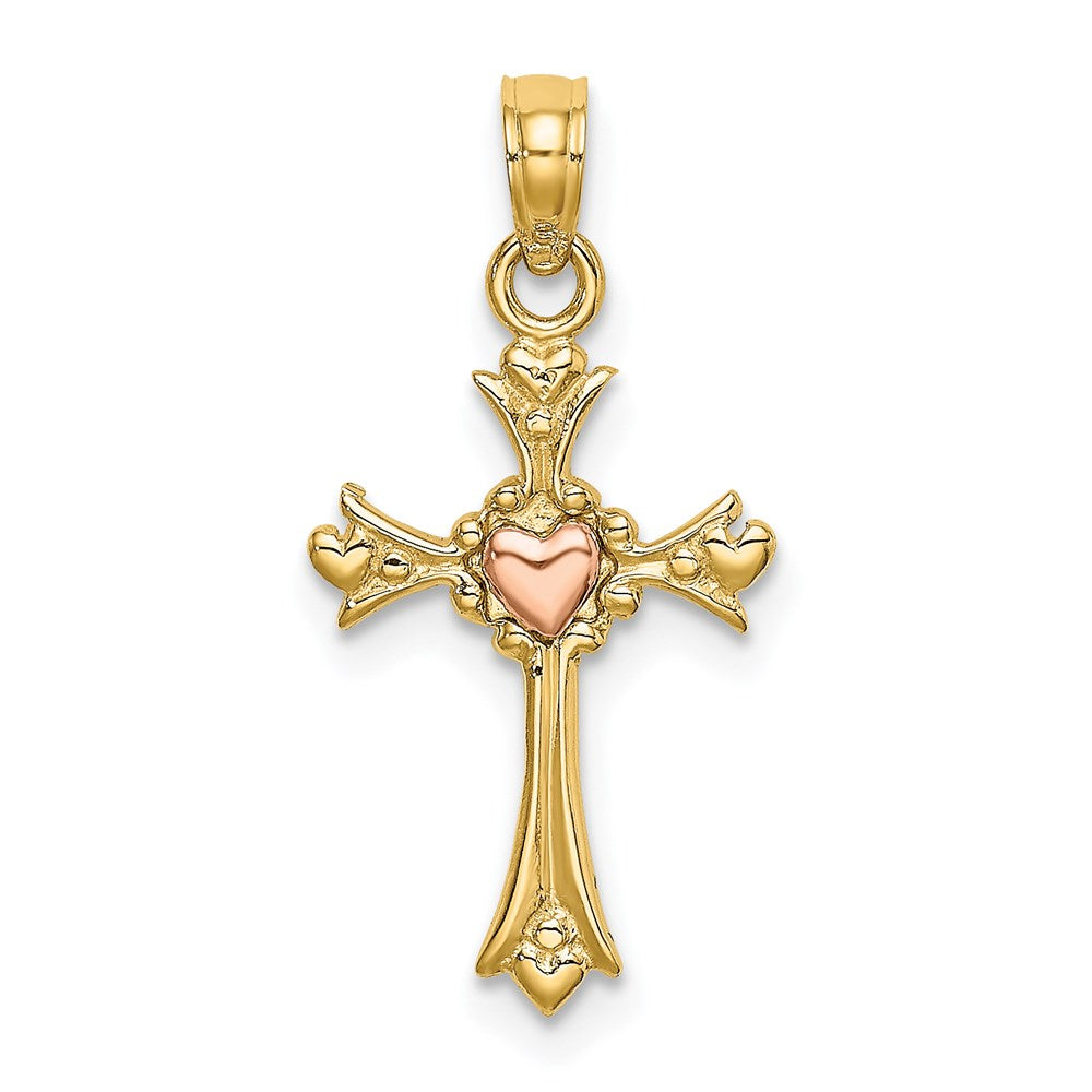 14k Two-tone 12 mm Two-Tone Cross w/ Heart Charm (0.81 grams)