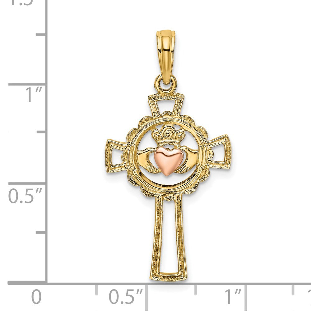 14k Two-tone 15 mm Two-Tone Claddagh Cross Charm (1.15 grams)