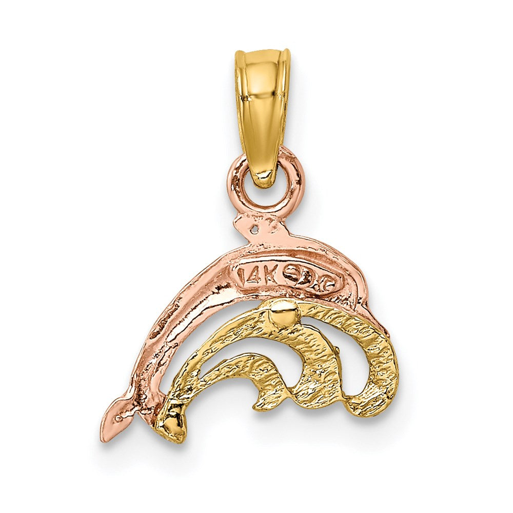 14k Two-tone 11.7 mm  Dolphin and Wave Charm (0.54 grams)