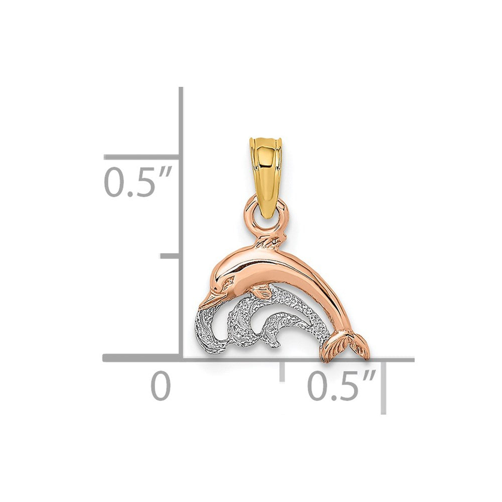 14k Two-tone 11.7 mm  Dolphin and Wave Charm (0.54 grams)