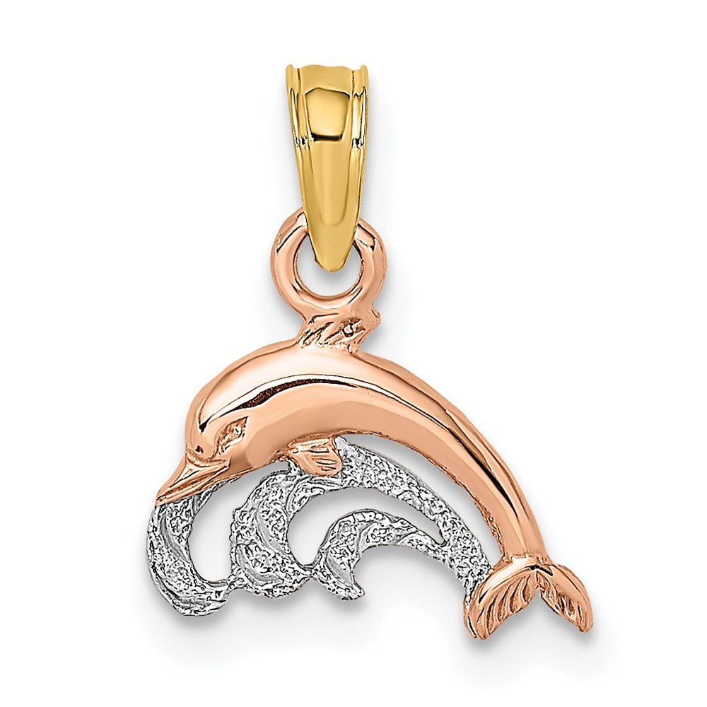 14k Two-tone 11.7 mm  Dolphin and Wave Charm (0.54 grams)