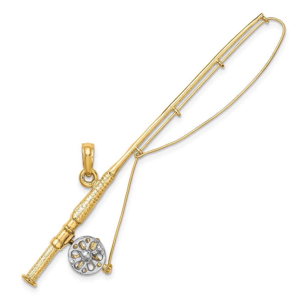 14k Yellow & Rhodium 64.25 mm  3-D Fly Rod Fishing Pole Charm (2.85 grams)