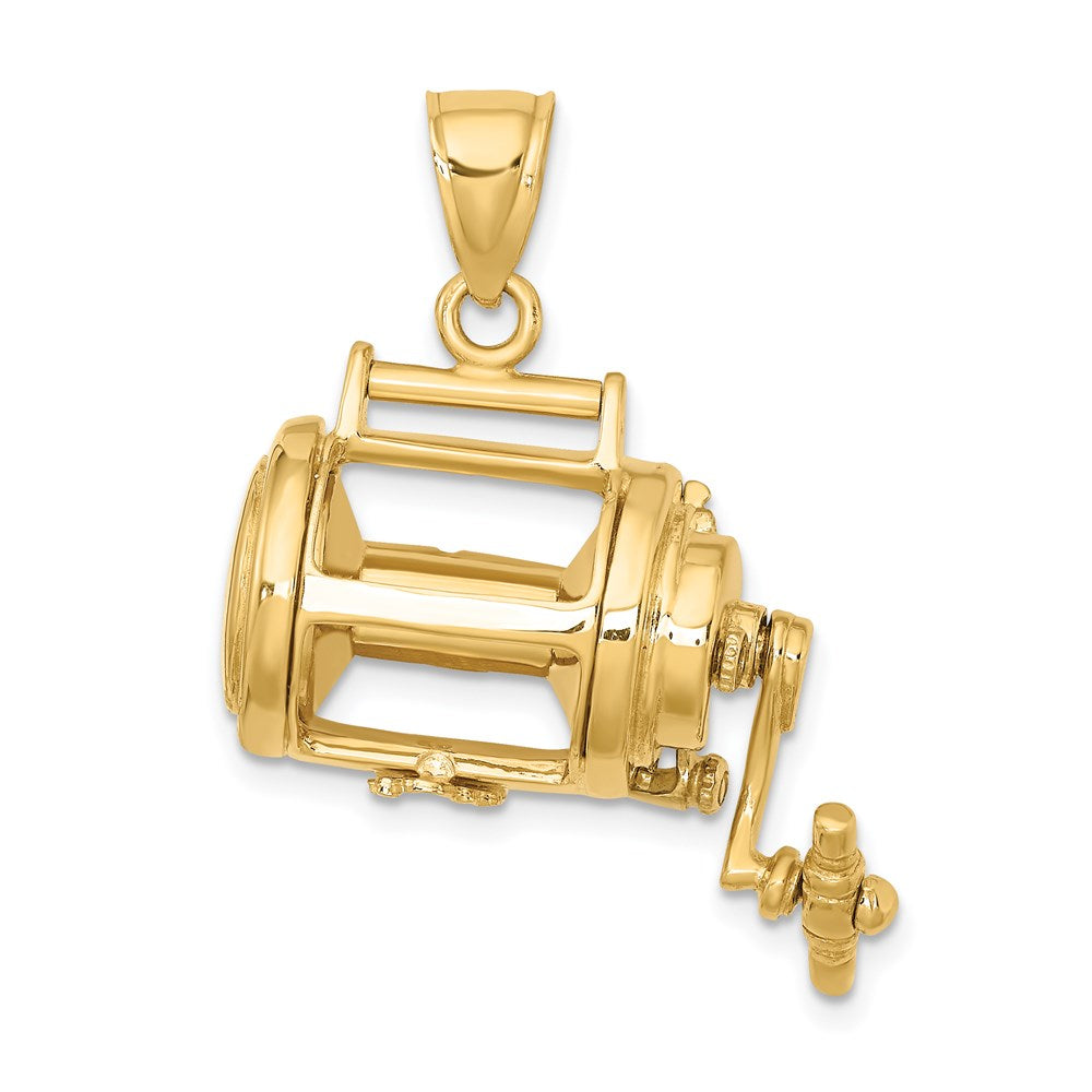 14k Yellow Gold 26.45 mm Moveable 3D Fishing Reel Charm (13.57 grams)
