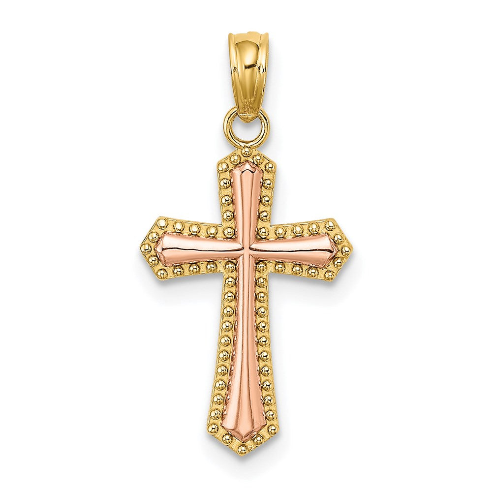 14k Two-tone 12 mm Two-tone w/ Beaded Trim Cross Charm (0.76 grams)
