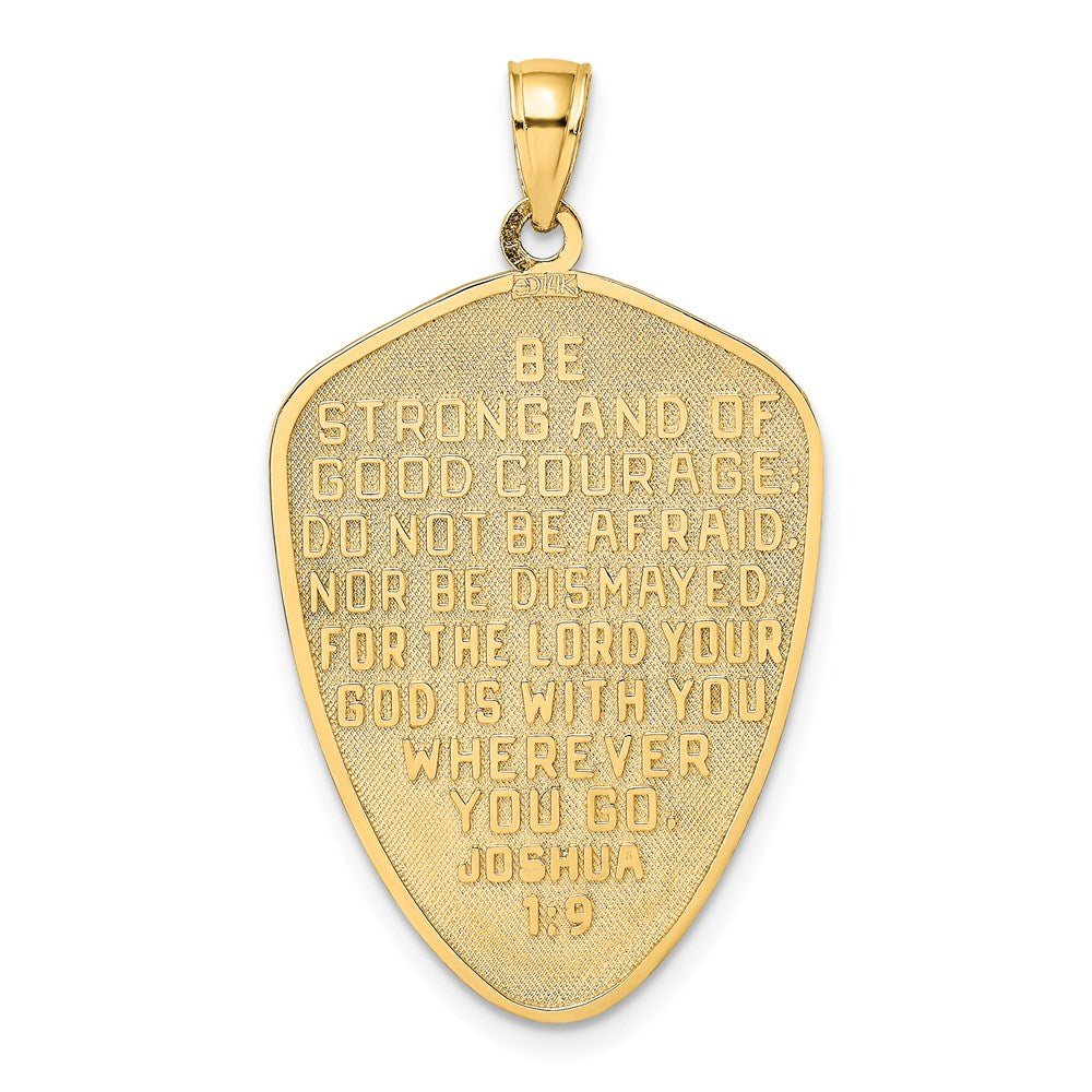 14k Yellow & Rhodium 20 mm  Cross Shield W/ Joshua 1:9 On Reverse Charm (3.61 grams)