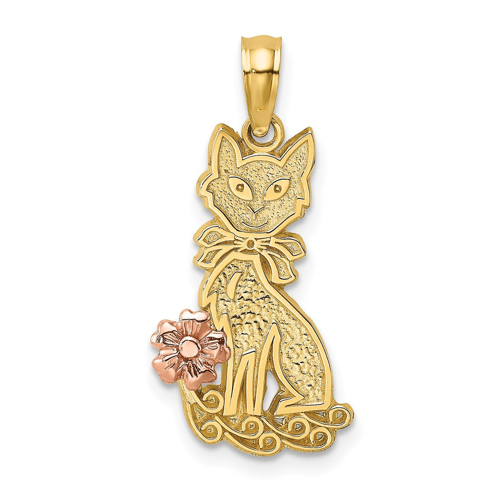 14k Two-tone 10.6 mm Two-Tone Sitting Cat w/ Bow and Flower Charm (0.98 grams)