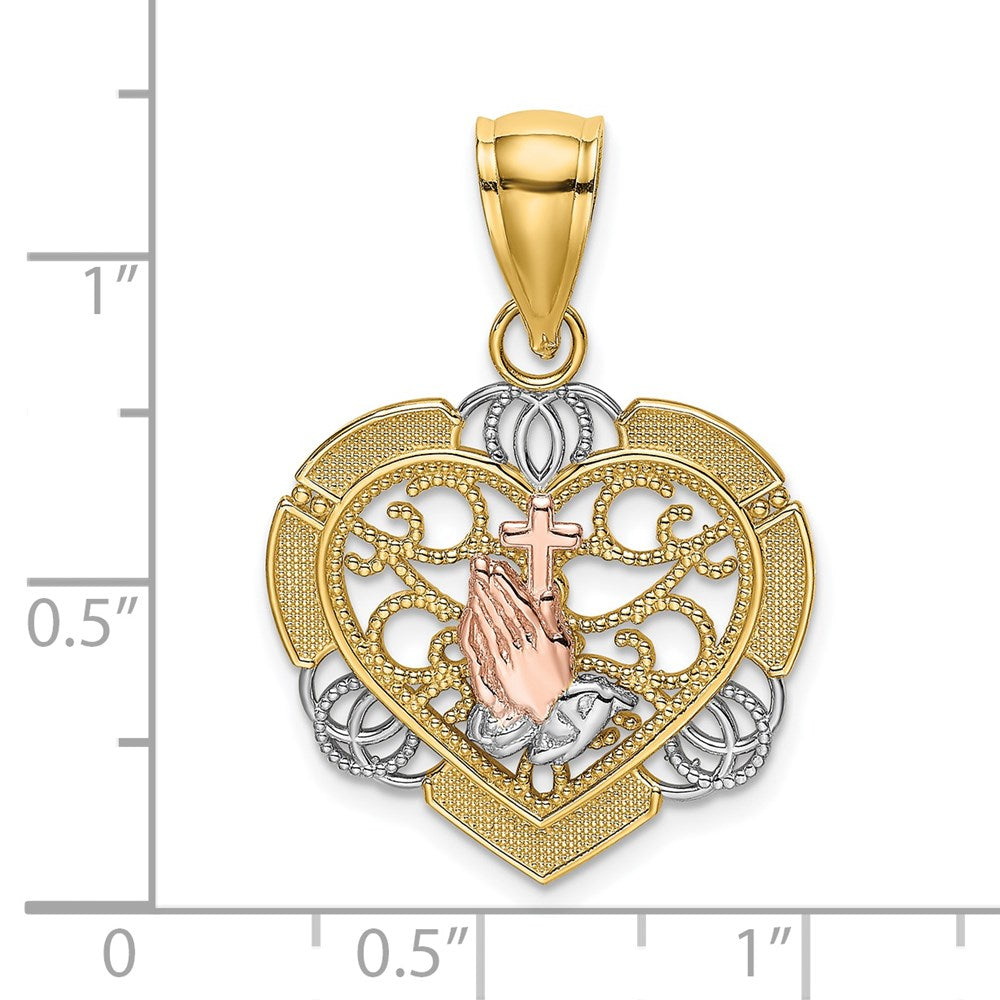 14K Two-tone and White Rhodium Praying Hands and Cross in Heart Charm (1.94 grams)