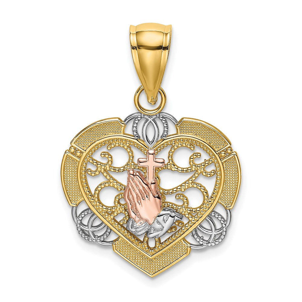 14K Two-tone and White Rhodium Praying Hands and Cross in Heart Charm (1.94 grams)