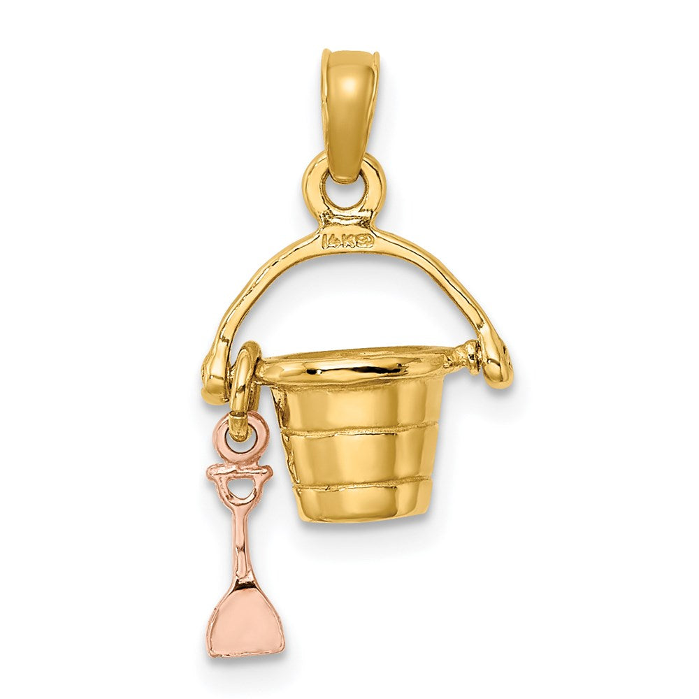 14k Two-tone 11.6 mm  3-D Beach Bucket and Shovel Charm (1.5 grams)
