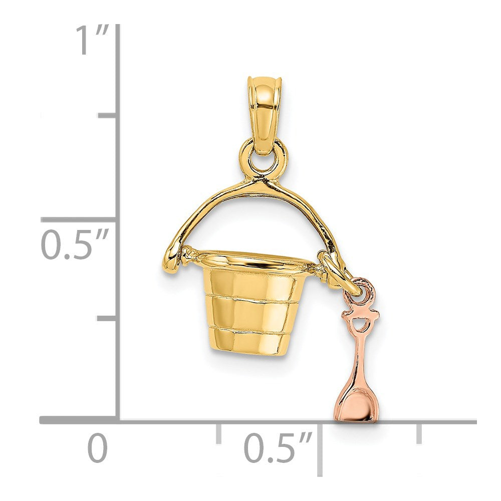 14k Two-tone 11.6 mm  3-D Beach Bucket and Shovel Charm (1.5 grams)