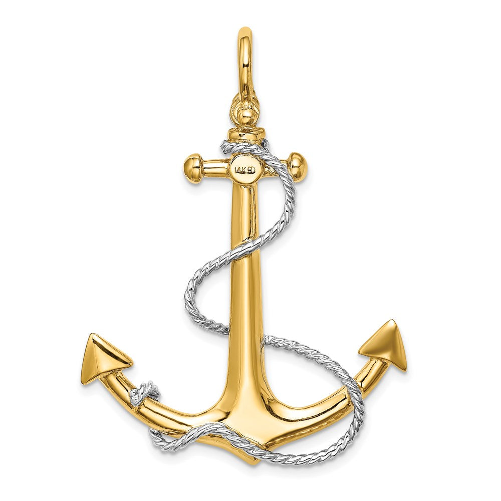 14k Yellow & Rhodium 35.4 mm  3-D Large Anchor w/Rope and Shackle Bail Charm (9.02 grams)