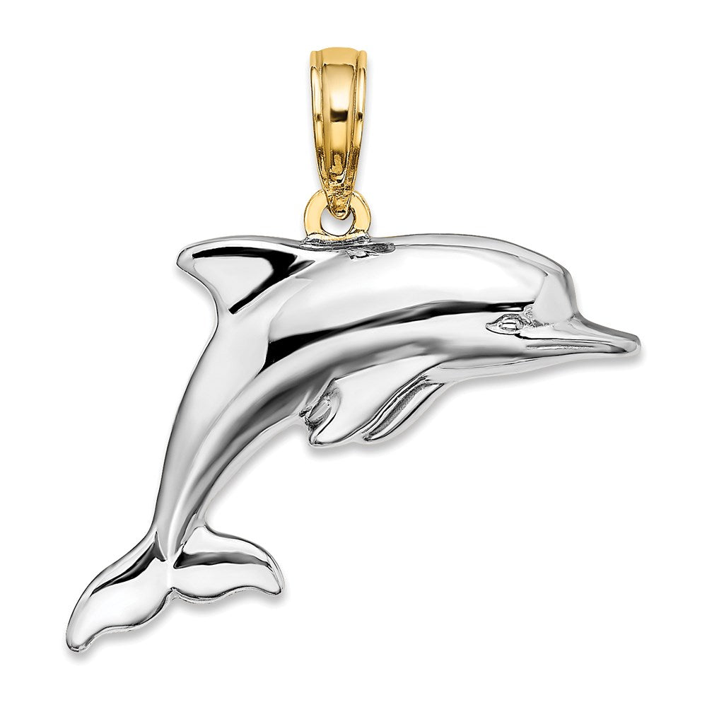 14k Yellow & Rhodium 21 mm  3-D Reversible Puffed Dolphin Charm (1.67 grams)