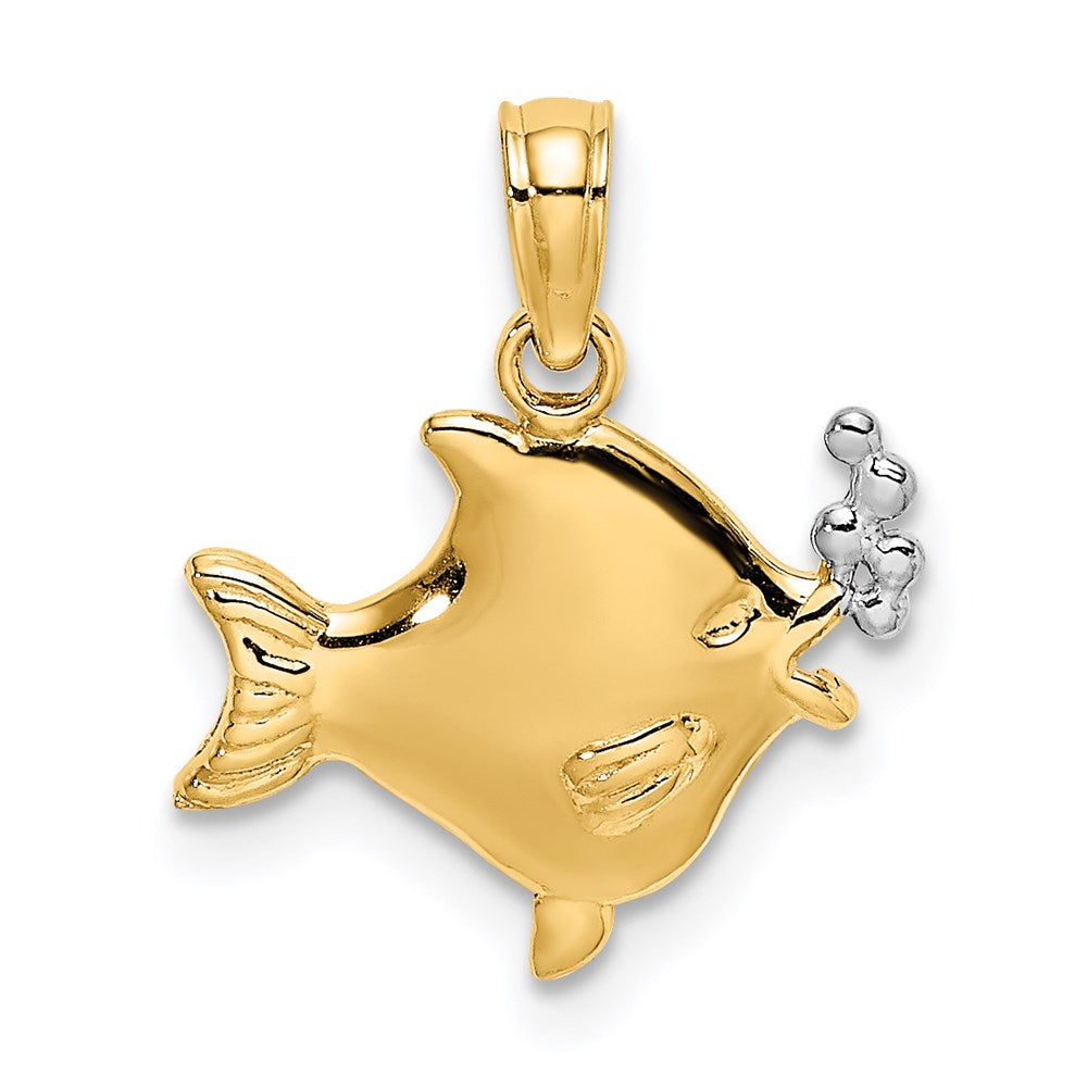 14k Yellow & Rhodium 14.2 mm  2-D Fish w/ Bubbles Charm (0.66 grams)