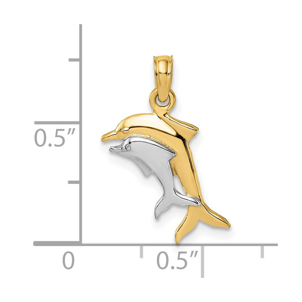 14k Yellow & Rhodium 17.3 mm  2-D Polished Dolphins Charm (0.82 grams)