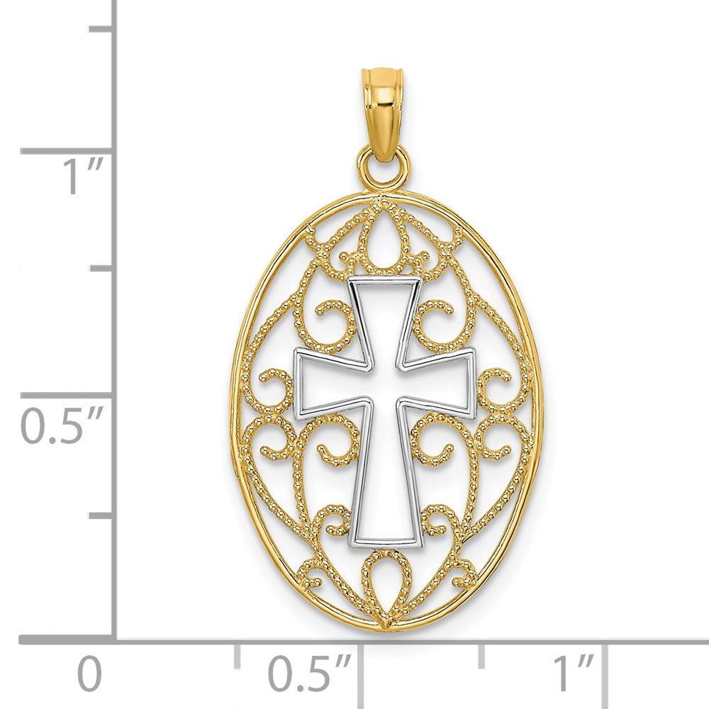 14k Yellow & Rhodium 16 mm  Beaded Filigree Cross Charm (0.97 grams)