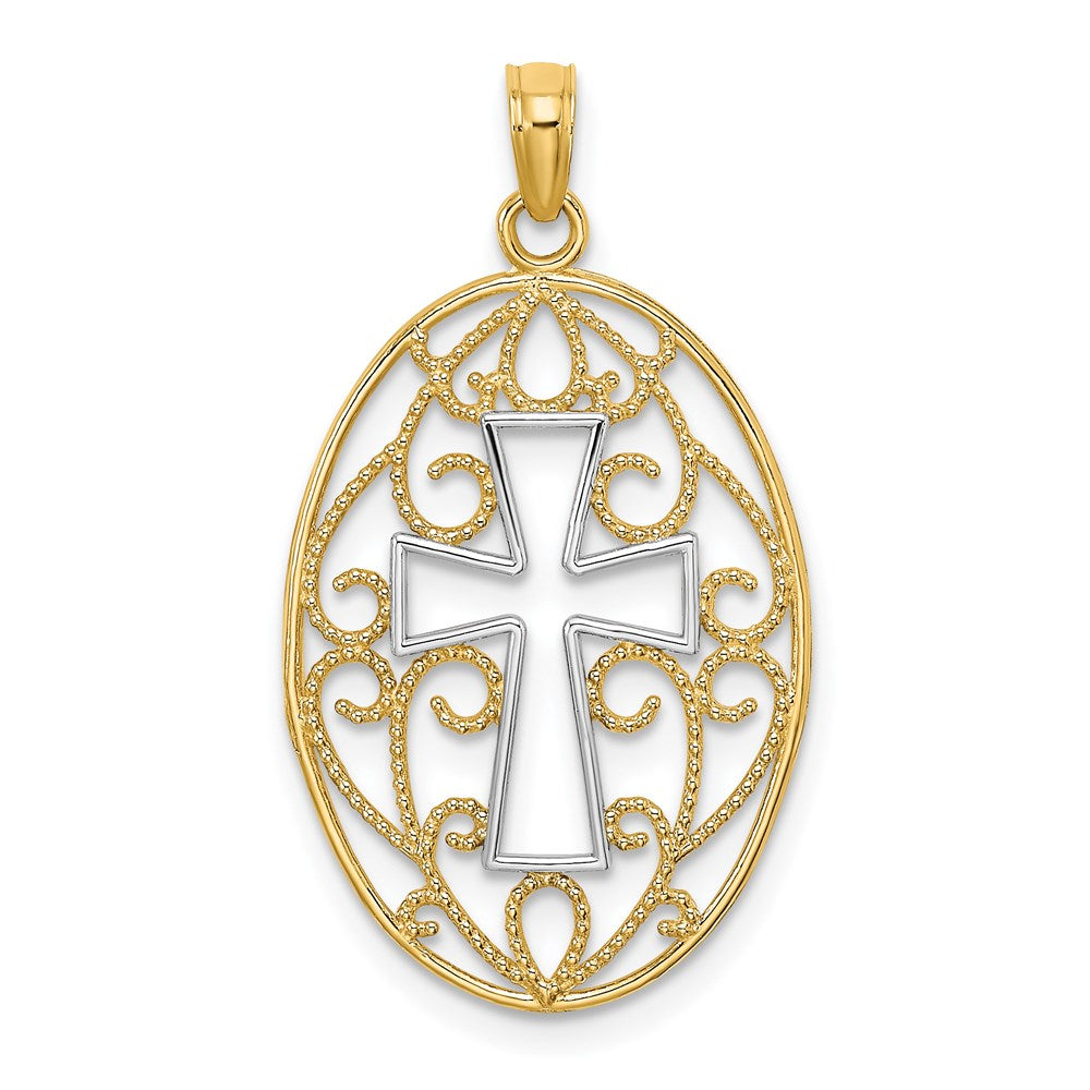 14k Yellow & Rhodium 16 mm  Beaded Filigree Cross Charm (0.97 grams)