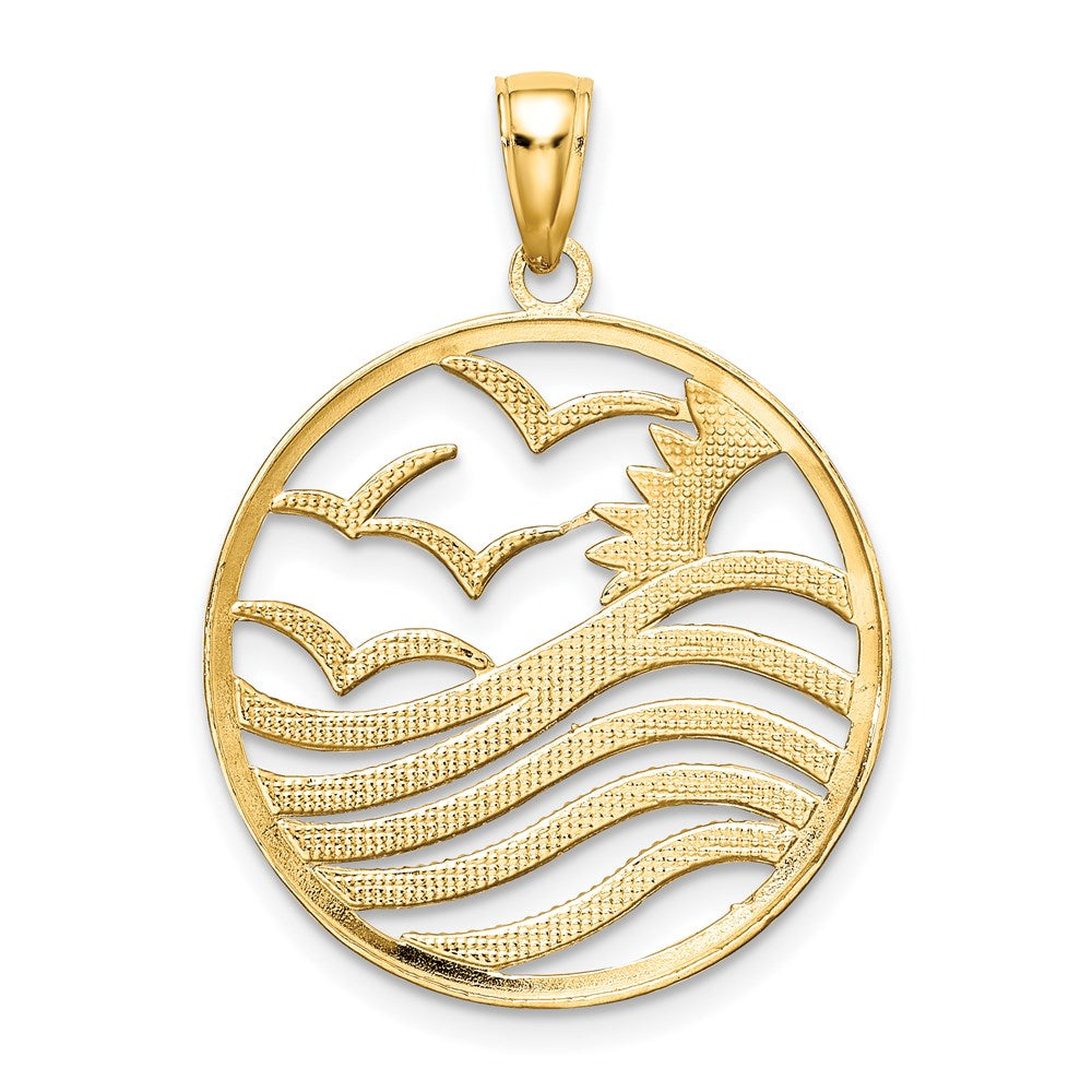 14k Yellow & Rhodium 22.8 mm  Sunset and Seagulls In Circle Pendant (2.21 grams)