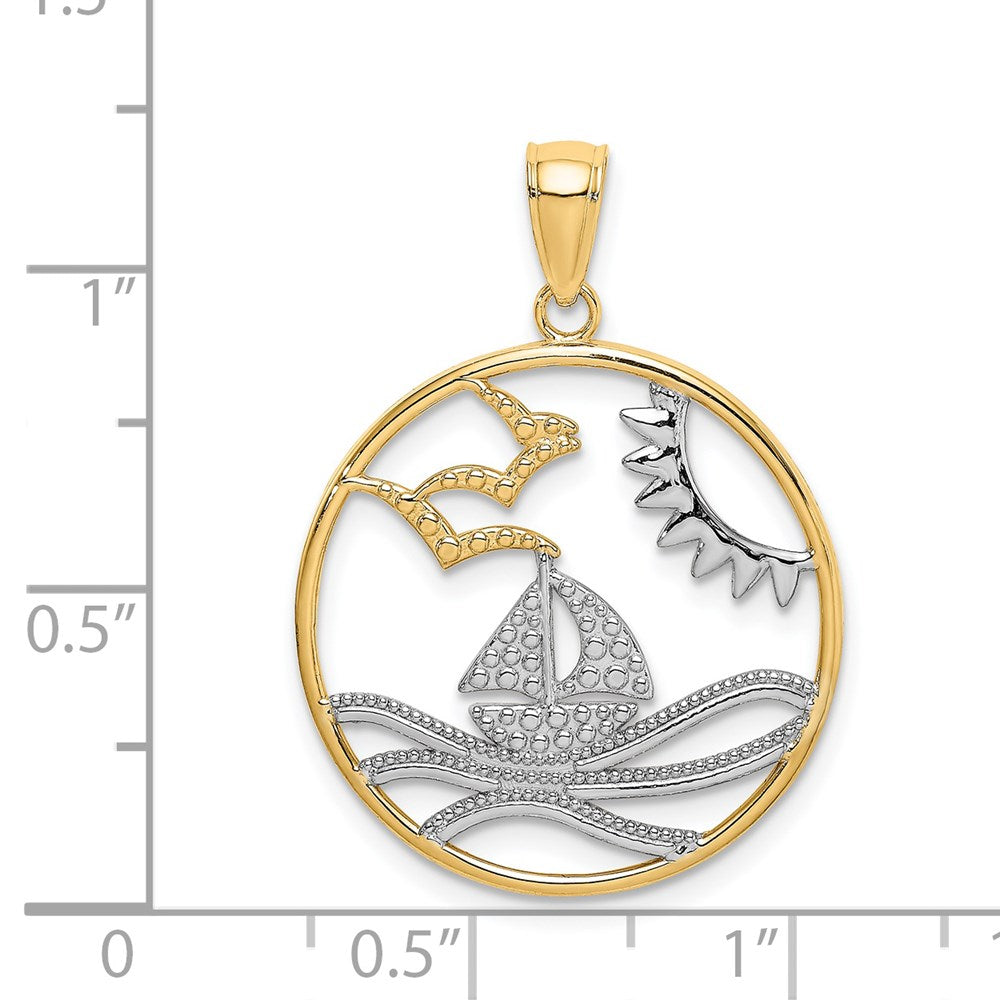 14k Yellow & Rhodium 22.6 mm  Sun Sailboat Water Seagulls Circle Charm (1.59 grams)