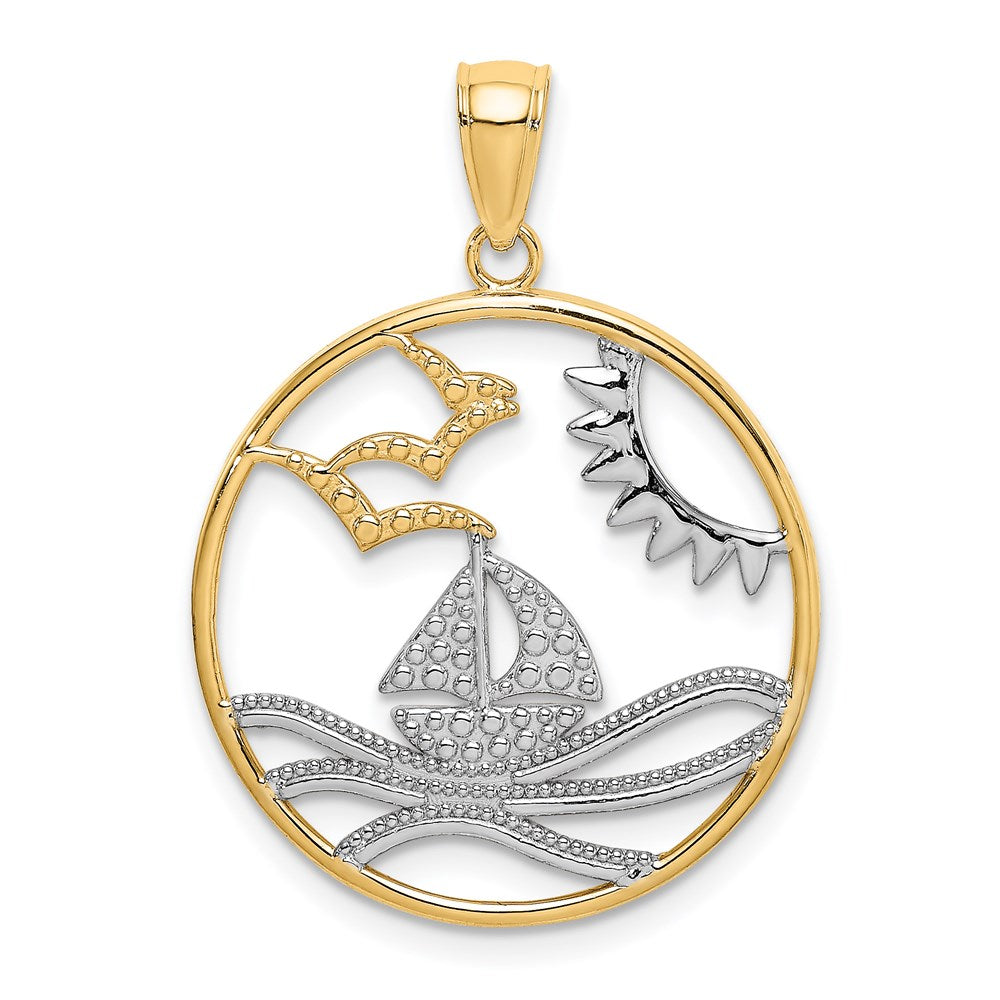 14k Yellow & Rhodium 22.6 mm  Sun Sailboat Water Seagulls Circle Charm (1.59 grams)
