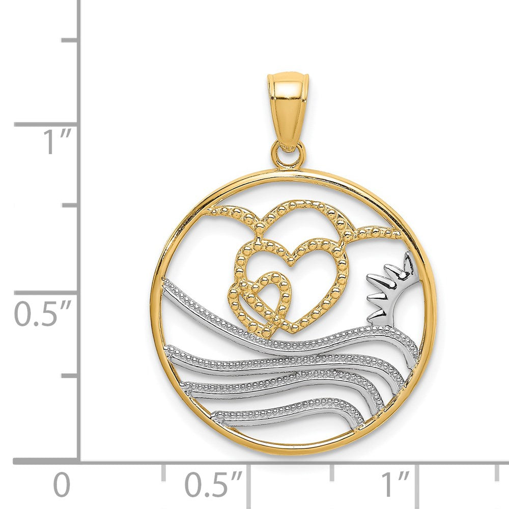 14k and White Rhodium Sunset/Hearts/Water in Circle Charm (1.71 grams)
