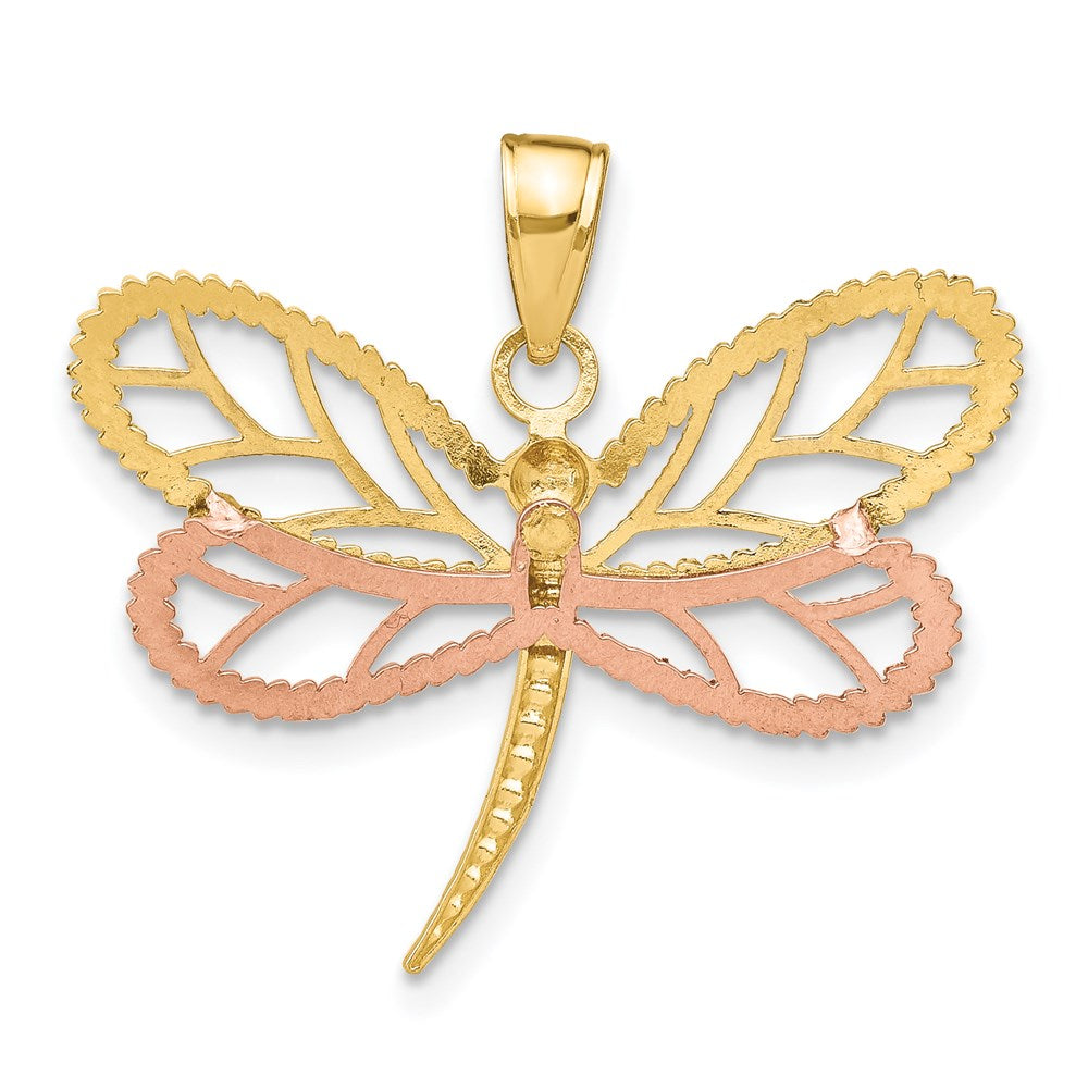 14k Two-tone 28.2 mm  Dragonfly w/Beaded Diamond-cut Wings Charm (1.52 grams)