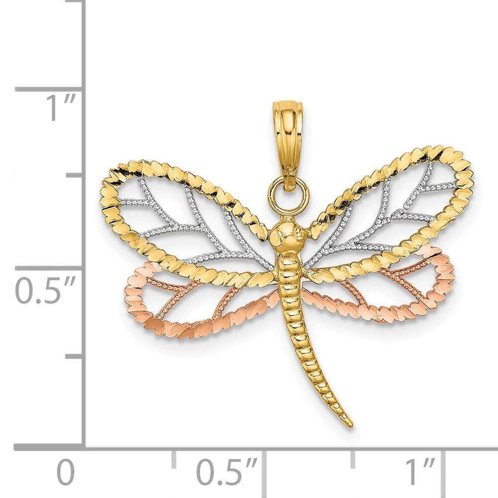 14k Two-tone 28.2 mm  Dragonfly w/Beaded Diamond-cut Wings Charm (1.52 grams)