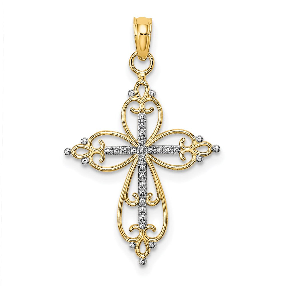 14k Yellow & Rhodium 18.5 mm  Beaded Cross Charm (0.8 grams)