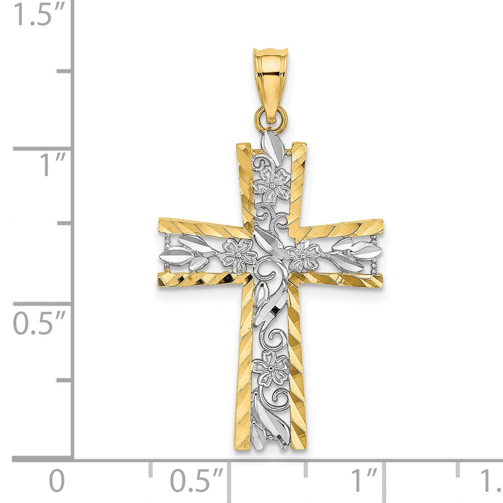 14k Yellow & Rhodium 18 mm  and D/C Flower Design Cross Charm (1.16 grams)