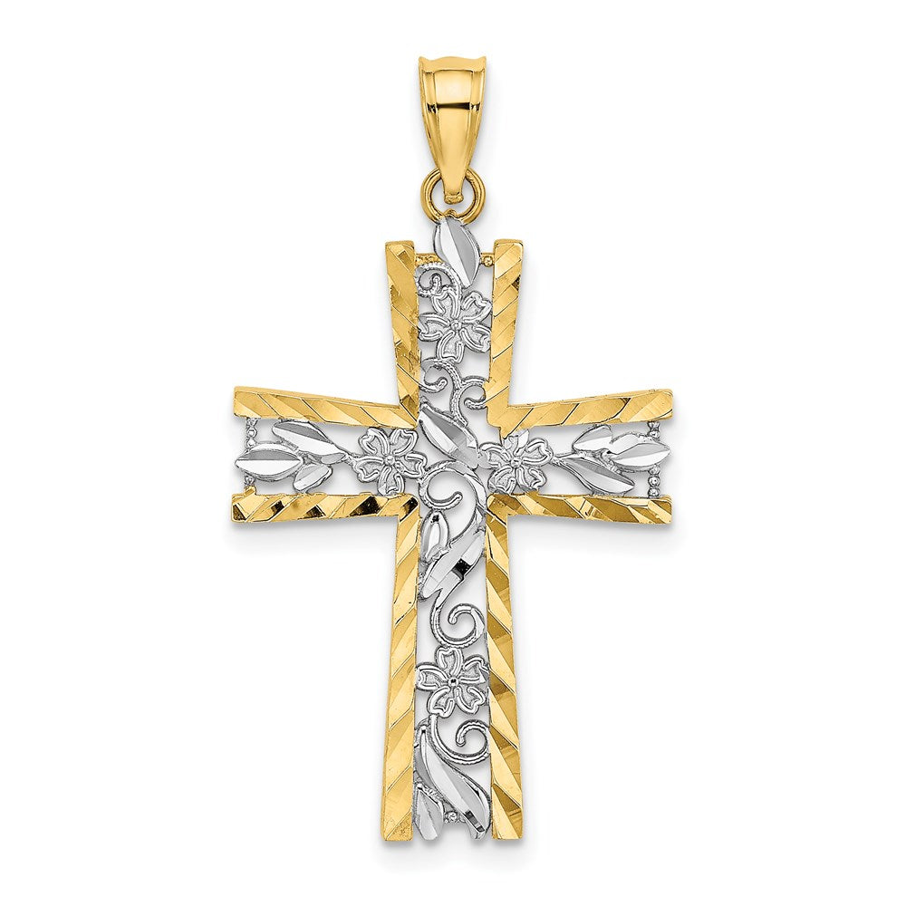 14k Yellow & Rhodium 18 mm  and D/C Flower Design Cross Charm (1.16 grams)