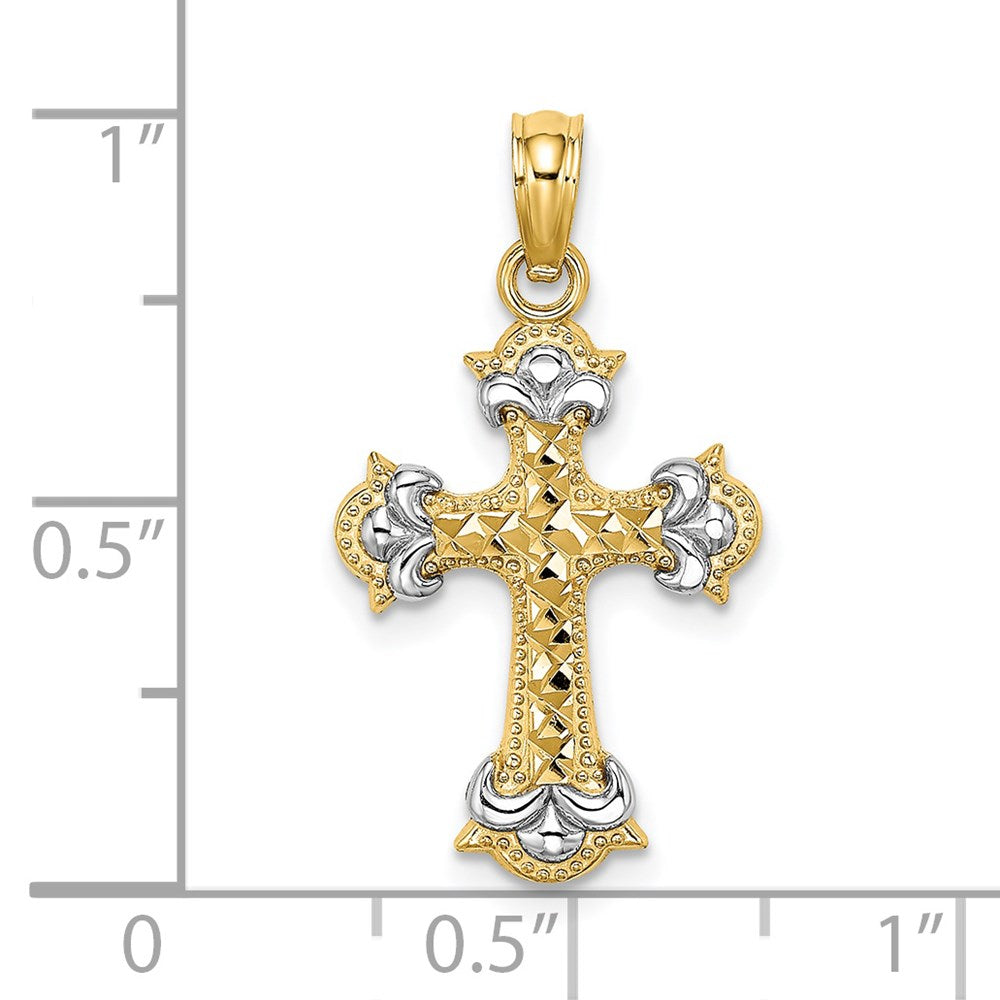 14k Yellow & Rhodium  and D/C Fleur-De-Lis Cross Charm (0.9 grams)
