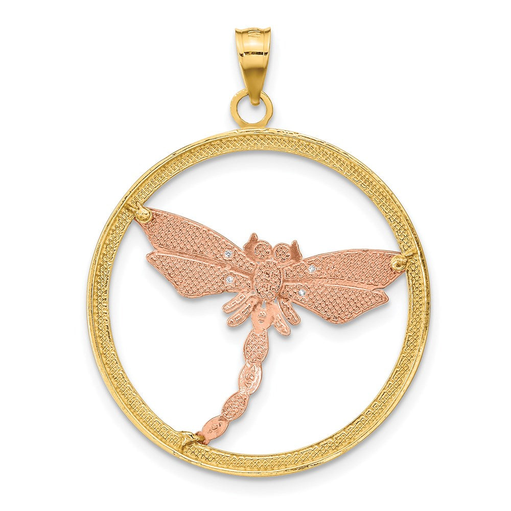 14k Two-tone 26 mm  Textured Dragonfly in Round Frame Charm (2.28 grams)