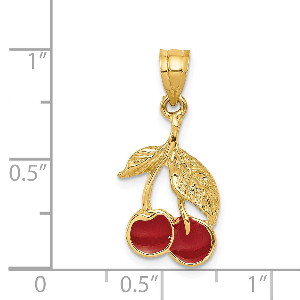 14k Yellow Gold 12 mm Polished Red Enameled Cherries Pendant (1.38 grams)