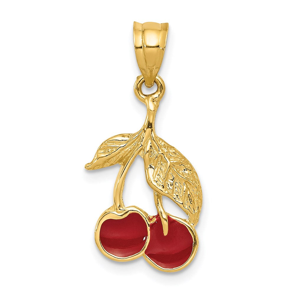 14k Yellow Gold 12 mm Polished Red Enameled Cherries Pendant (1.38 grams)