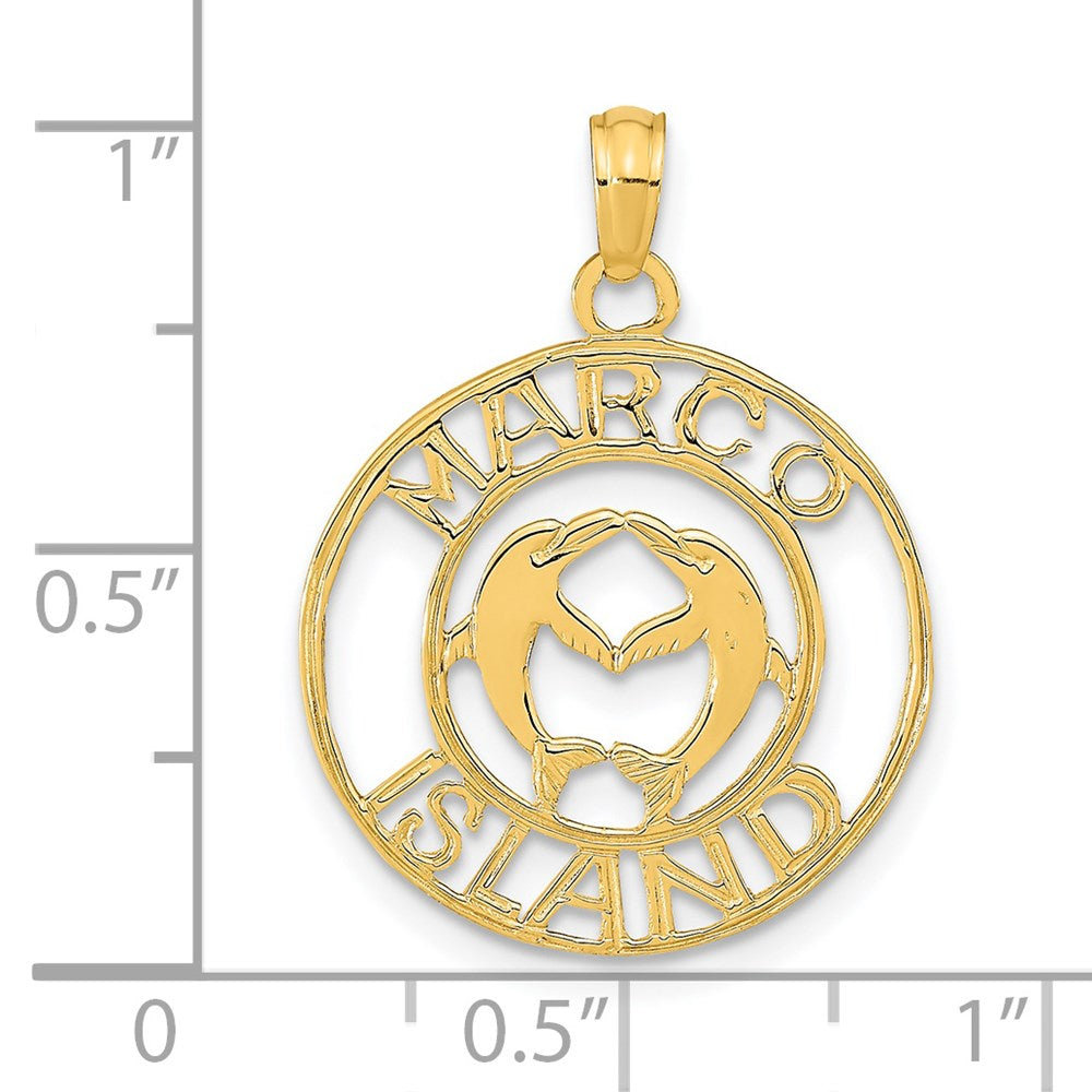 14k Yellow Gold 19 mm MARCO ISLAND with Dolphins Circle Pendant (1.27 grams)