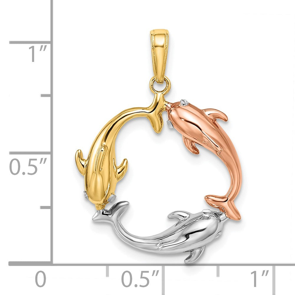 14k Tri-Color 20.55 mm Tri-color Triple Dolphin Circle Pendant (2.02 grams)